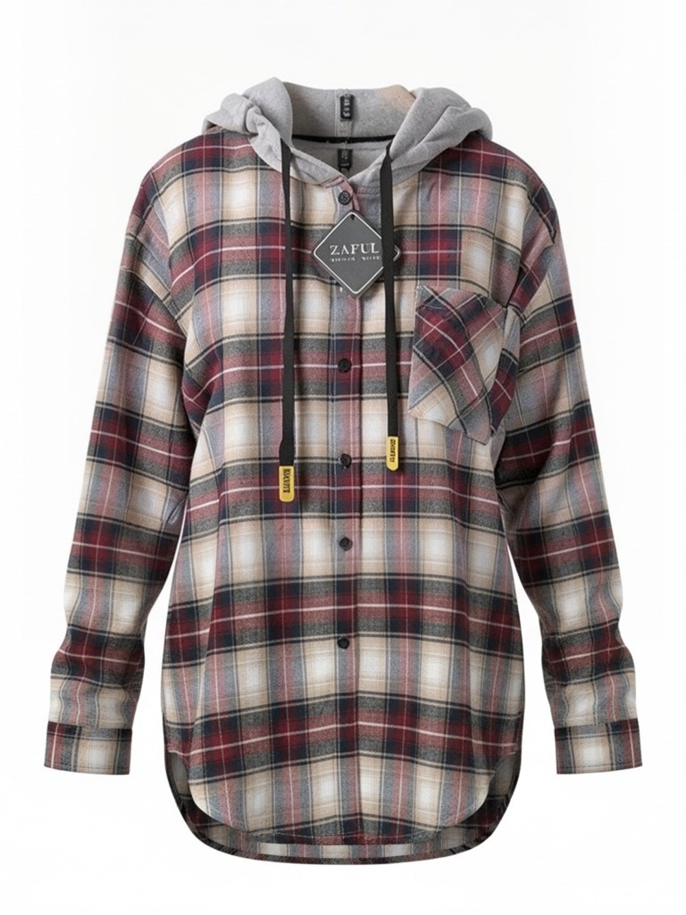 Zaful Red/ Blue Plaid Hooded Utility Jacket with Gray Hood- Women’s Size XL- NWT